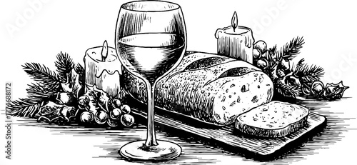 Festive holiday table with wine glass and bread rustic design for seasonal celebration