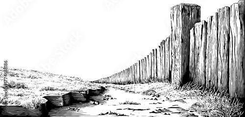 Engraved rustic landscape wooden fence vintage design fine line vertical background packaging nature countryside scenery illustration sketch hand drawn engraving. Classic rural art with pastoral textu