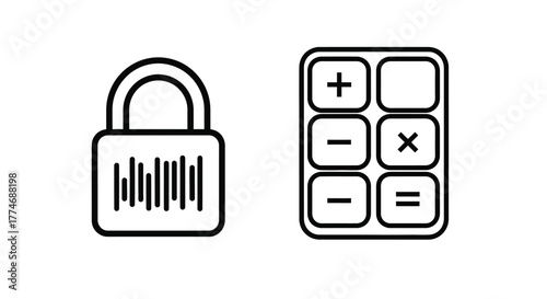 Vector illustration of a simple line art illustration showing a padlock with vertical lines and a calculator, representing security and calculation