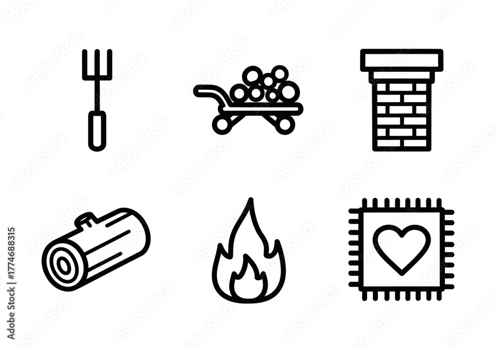 Fototapeta premium Cozy winter icons of garden fork, wheelbarrow of firewood, chimney, log, fire flame, and heart, perfect for holiday projects and designs with warm feelings