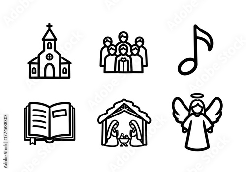 Celebrate Christmas with these outlined icons showcasing a church, choir, music, nativity scene, holy bible and angel, perfect for holiday projects