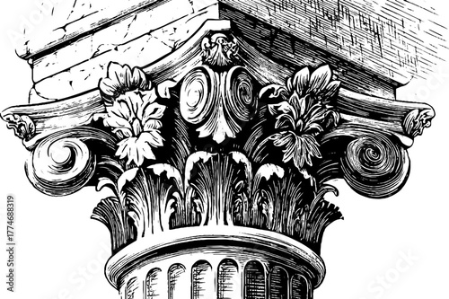 Vintage engraved fragment of ancient column capital with decorative elements