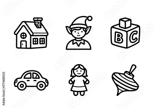 Fotografia Charming line art icons of classic toys, including a doll, car, house, elf, buil