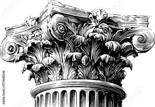 Ancient column capital with decorative elements in vintage engraving style for architectural design and history projects
