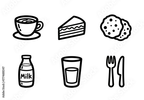 Enjoy Coffee, Cake, and Cookies with Milk and Silverware in this charming minimalist design, perfect for cafe menus and recipe blogs, original vector graphic