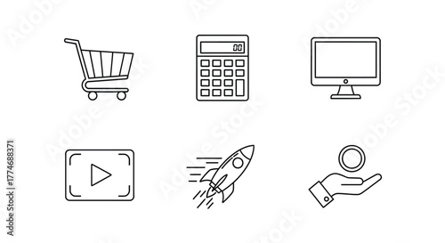 Vector illustration of a collection of line art illustrations showcasing a shopping cart, calculator, computer, video player, rocket, and hand with coin