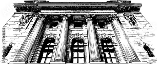 Georgian building facade with tall windows and ornate decor engraving for architectural design