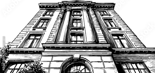 Vintage engraved georgian building facade with tall windows and decorative details