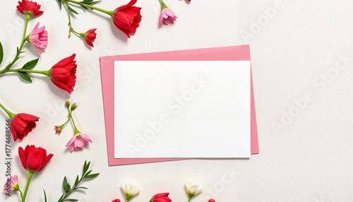 Blank card on a pink background surrounded by colorful flowers for creative design