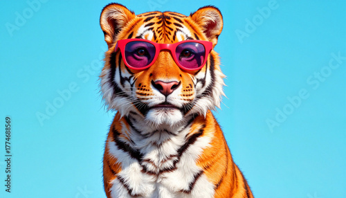Stylish tiger wearing pink sunglasses against a bright blue background