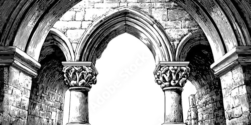 Engraved gothic arch frame columns pointed vintage sketch hand drawn engraving silhouette. Medieval architectural design with ornate stone craftsmanship and detailed historical style.
