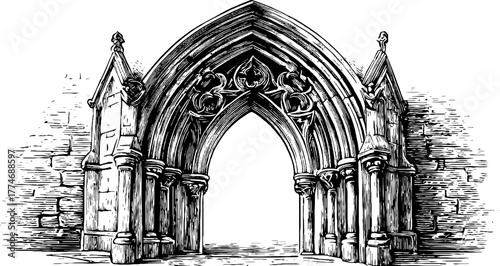Ornate gothic arched frame with tracery ornament - vintage hand drawn design for architectural decor