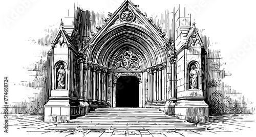 Gothic cathedral entrance with pointed arch and sculptures - vintage architectural art