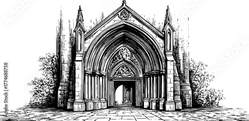 Gothic cathedral entrance with pointed arch and sculptures - engraved vintage design for architectural art