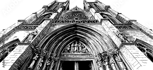 Gothic cathedral portal with sculptural tympanum engraving for historical architecture design