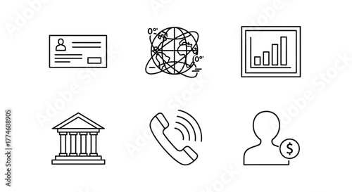Vector illustration of set of business icons in outline style, including bank, business card, graph, globe, phone and money