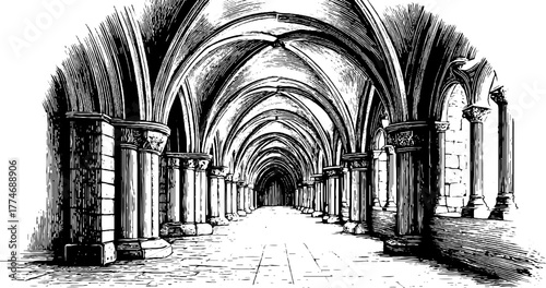 Gothic cloister arch with pointed details in vintage engraving style