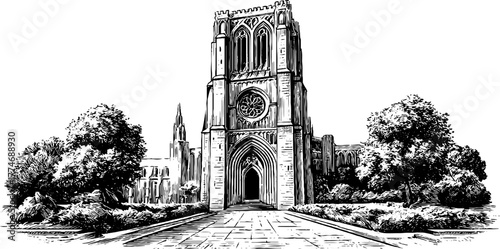 Engraved gothic cathedral with flying buttress and detailed masonry texture for architectural design