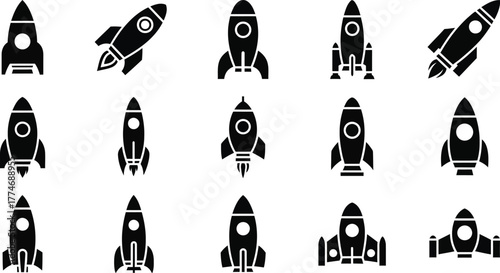 Cartoon vector illustration set of space rocket icons and astronaut silhouette art design symbols