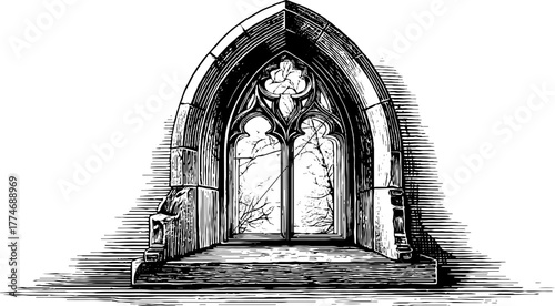 Vintage gothic pointed arch window with intricate stained glass design for architectural history and restoration