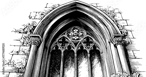 Gothic window frame with stone tracery and floral patterns for architectural design