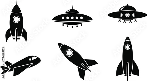 Cartoon vector set of space rockets and marine animals in blue ocean theme