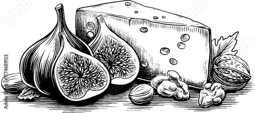 Gourmet cheese and figs composition with honey and nuts - vintage food art for culinary decor