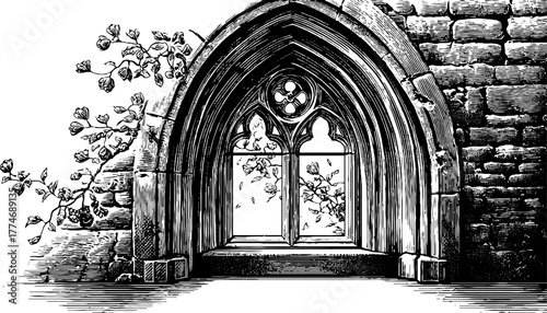 Gothic window frame with stone tracery and floral motif - vintage architectural design for historical enthusiasts