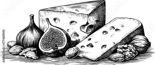 Gourmet cheese platter with figs, honey, and nuts in vintage engraved style