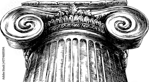 Engraved ionic column capital with spiraled volutes for retro architectural design