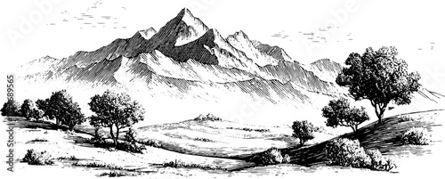 Vintage engraved landscape with subtle hill contours and expansive sky for design and decoration