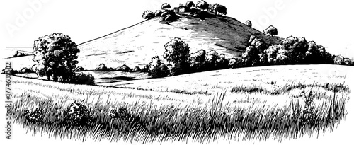 Vintage landscape with engraved hill contours and sky illustration for art projects