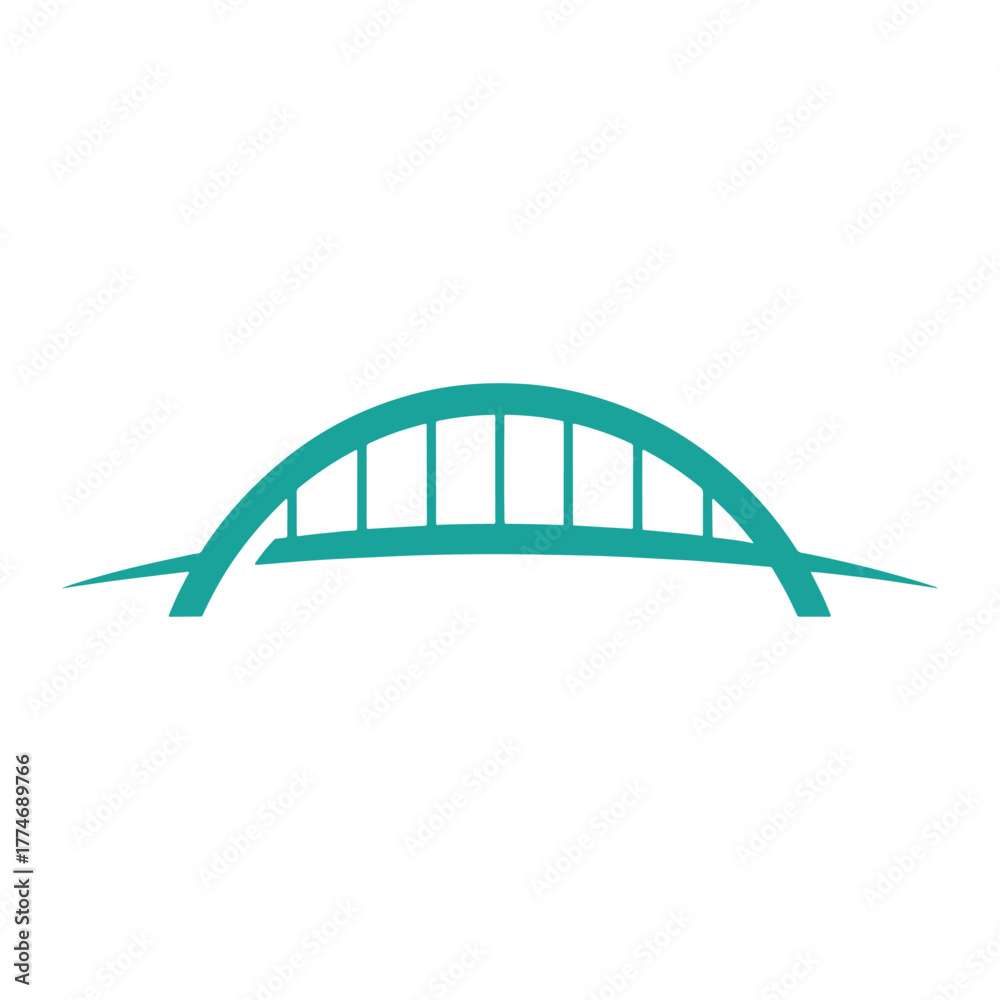 Obraz premium Teal arch bridge silhouette with vertical supports on white background turquoise green