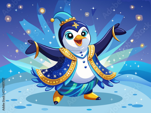 A confident penguin twirls on icy ground in a blue sequin costume, spreading winter sparkle and pure joy
