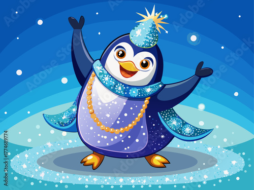 A confident penguin twirls on icy ground in a blue sequin costume, spreading winter sparkle and pure joy