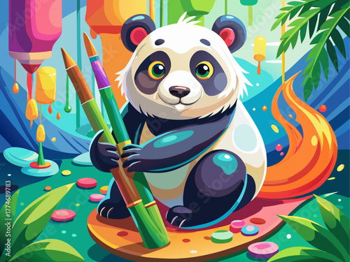 A gentle panda paints on a canvas with bamboo brushes, vibrant colors splashing around, expressing creativity and inner peace