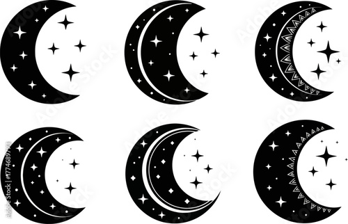 Set of celestial moon crescent and star icons in black and white design