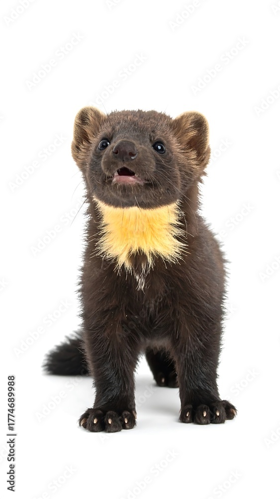 Fototapeta premium Alert, brown mammal with a yellow throat stands against a stark white background