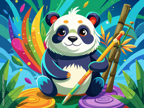 A gentle panda paints on a canvas with bamboo brushes, vibrant colors splashing around, expressing creativity and inner peace