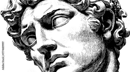 Engraved marble bust of classical male figure with curly hair - vintage art for design