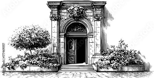 Antique marble doorway with arch and floral carvings - vintage architectural design for historical projects