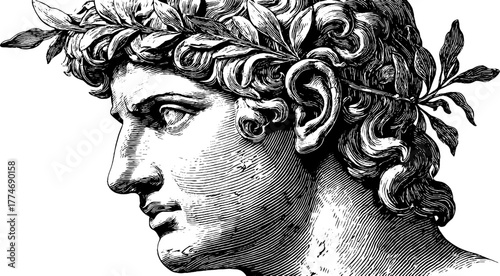 Classical engraved marble head with laurel wreath depicting young man for retro design