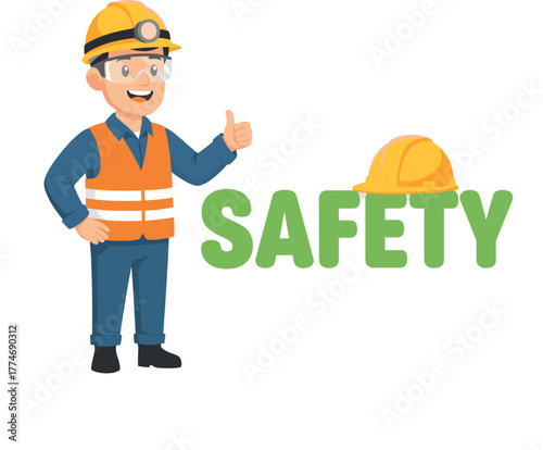 Smiling Construction Worker Giving Thumbs Up Next to Green Safety Text