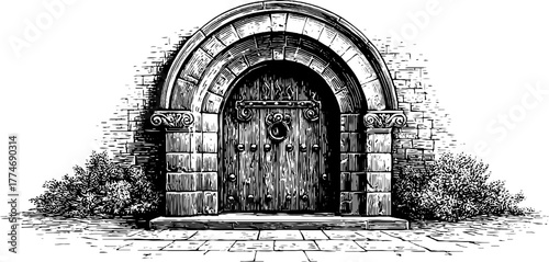 Medieval castle door with metal rivets and rounded arch in engraved style