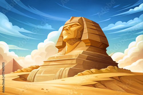 Giant sphinx half covered in blowing sand under dramatic cloudy sky