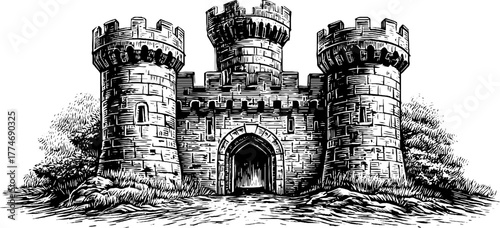 Medieval city wall gate with battlements and arched passage