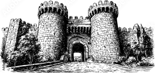 Medieval city wall gate with battlements and arch for historical design and decoration