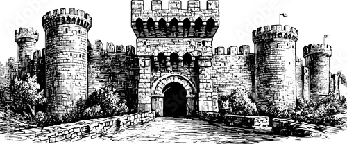 Medieval city wall with gate and battlements in vintage engraving style for historical design