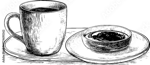 Vintage engraved ceramic mug and plate composition for kitchen decor