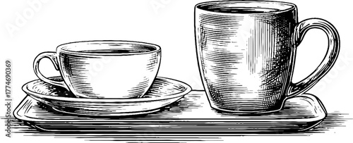 Elegant ceramic mug and plate set in engraved minimal style for kitchen decor